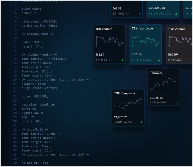 An investment research UI showing earnings, chart data, and buy/sell indicators