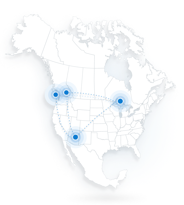 A map of North America displaying connected financial data centres