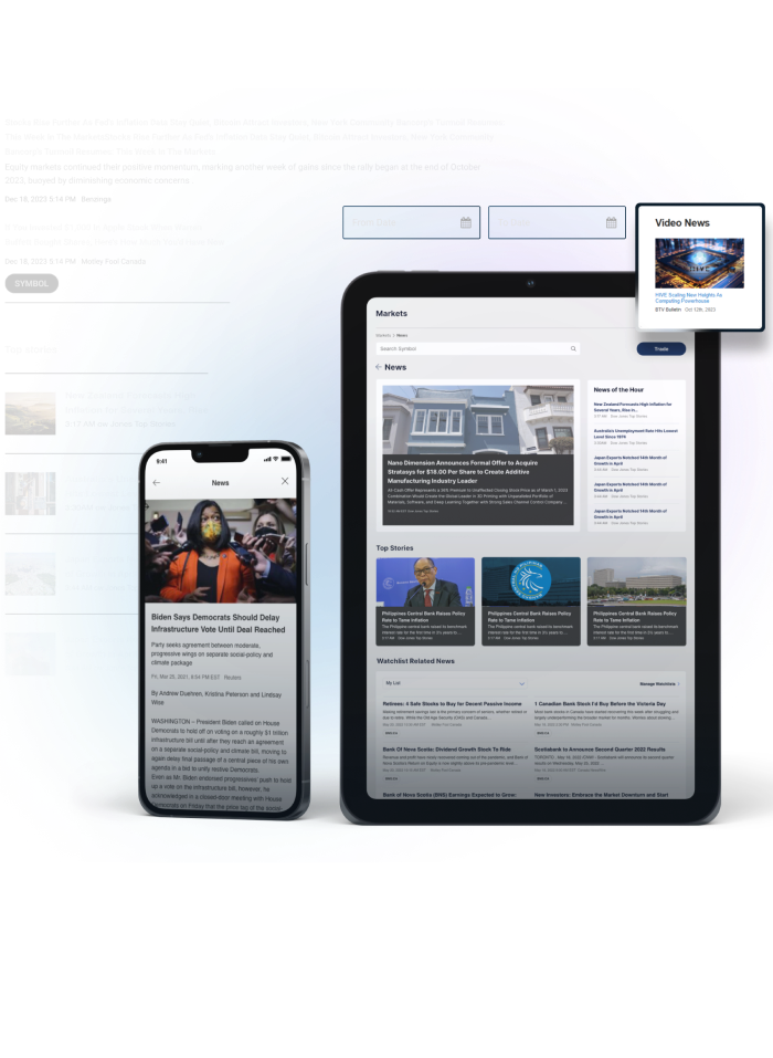 A mobile and tablet display showing financial market news with a vibrant blue background