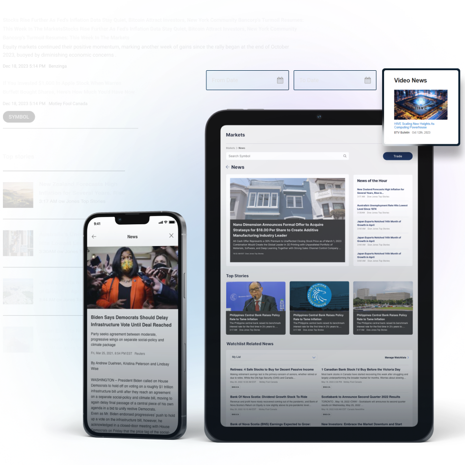 A mobile and tablet display showing financial market news with a vibrant blue background