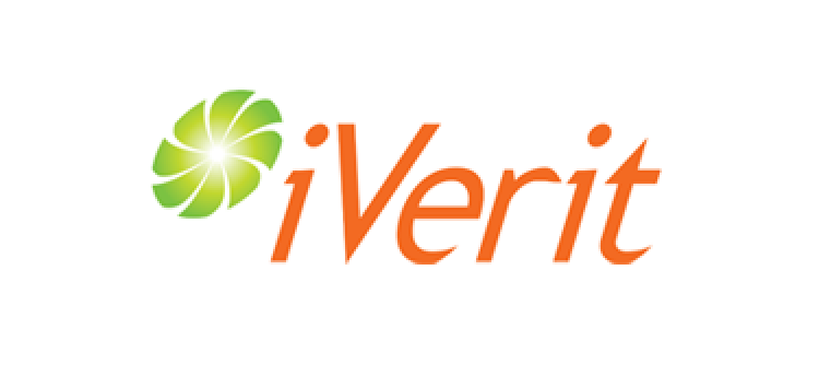 The company logo of iVerit which contains a orange wordmark and green swirl representing data research branding