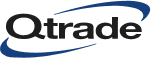 The company logo of Qtrade featuring blue swooshes and bold black text for a digital investing platform