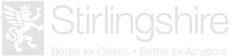 The company logo of Stirlingshire displaying blue griffin and tagline “Better for Clients”