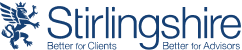The company logo of Stirlingshire displaying blue griffin and tagline “Better for Clients”
