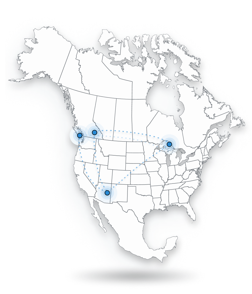 A map of North America highlighting strategic network and connection points