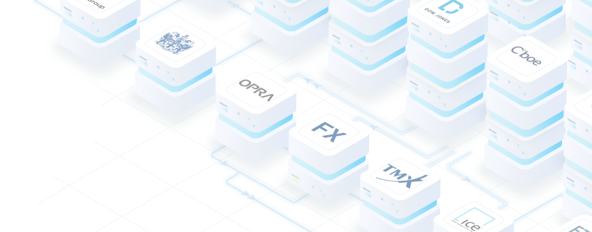 Logos of different data providers, including OPRA, FX, TMX, and Dow Jones displayed on stacked servers