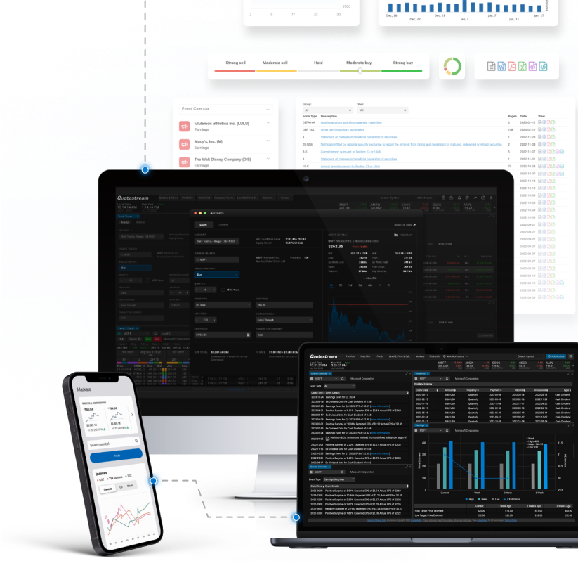 Several device screens showing financial dashboards with stock, news, and earnings data panels