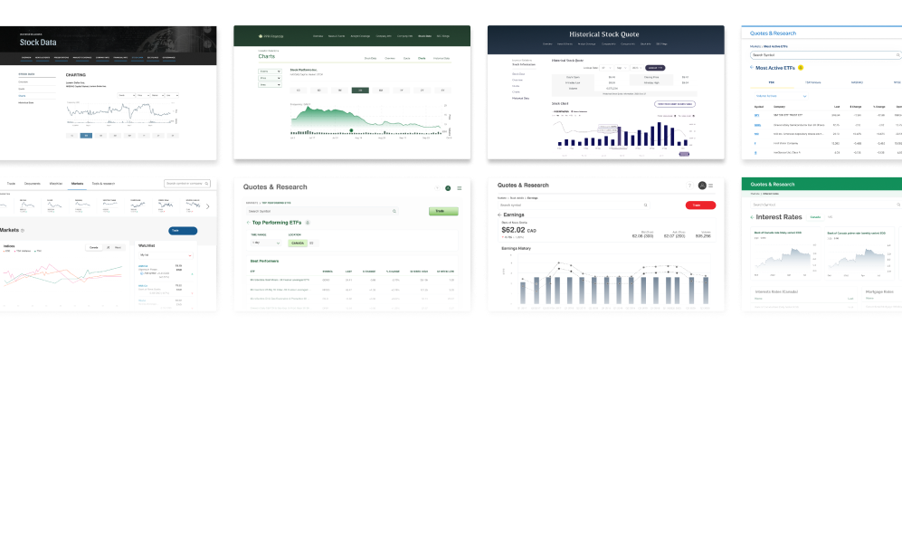 An interface mockup of various users of financial tools showing charts, earnings, rates, and performance dashboards