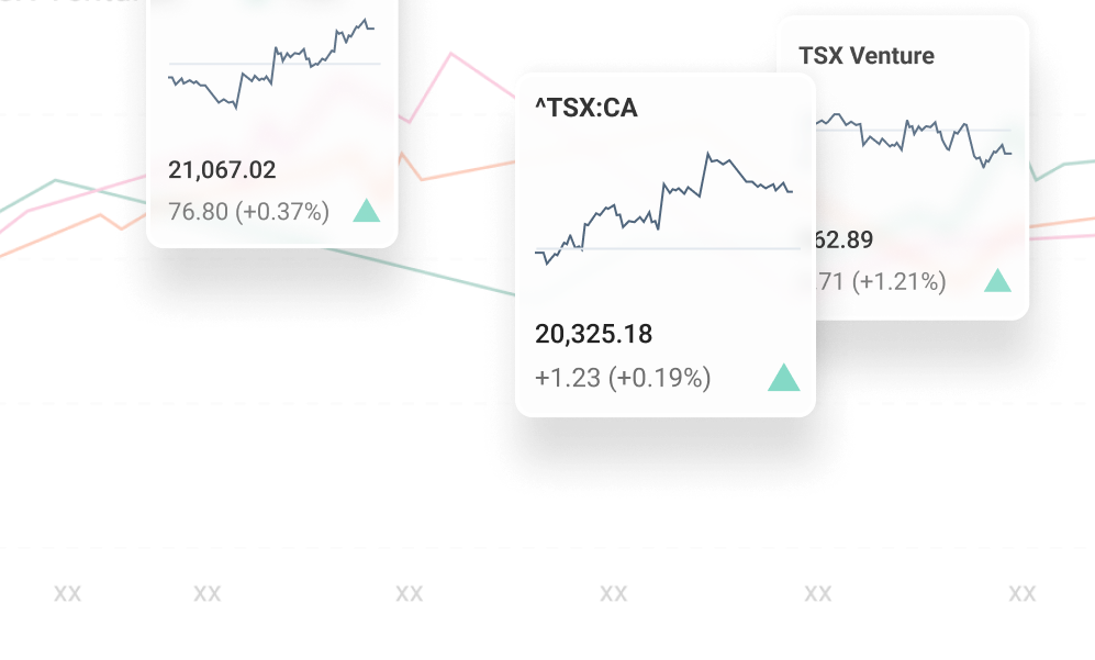 A stock index card close-up showing a comparison of TSX and TSX Venture performance with rising chart visuals