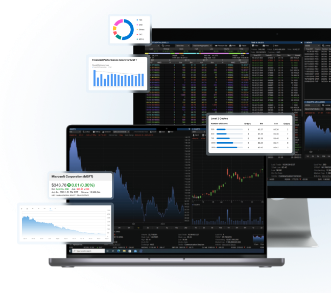 A desktop interface for Quotestream displaying comprehensive financial metrics, price graphs, and performance highlights