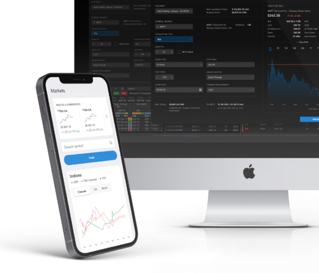 A mobile card of Quotestream displaying responsive financial chart, company symbols, and index summary data